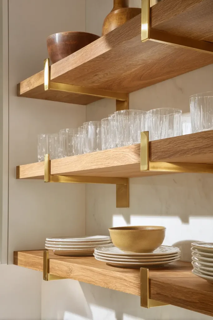 10. Add Gold Knobs to Open Shelving Brackets