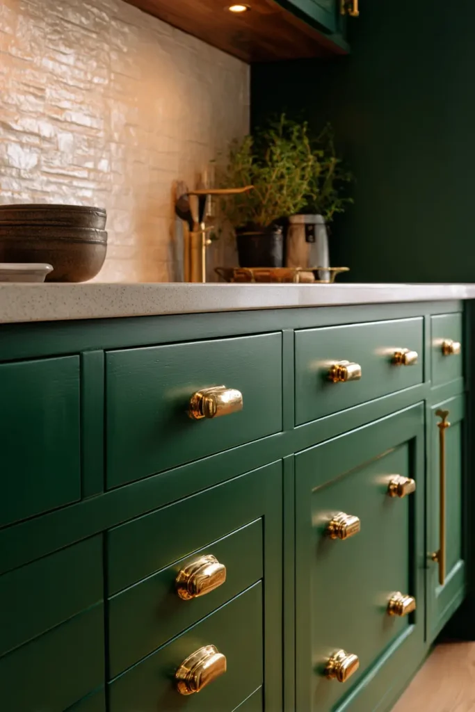12. Mix Gold Hardware With Green Cabinets