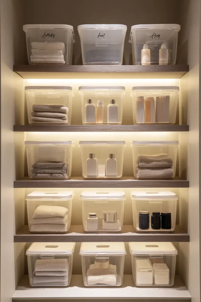 12. Use Stackable Clear Bins with Labels