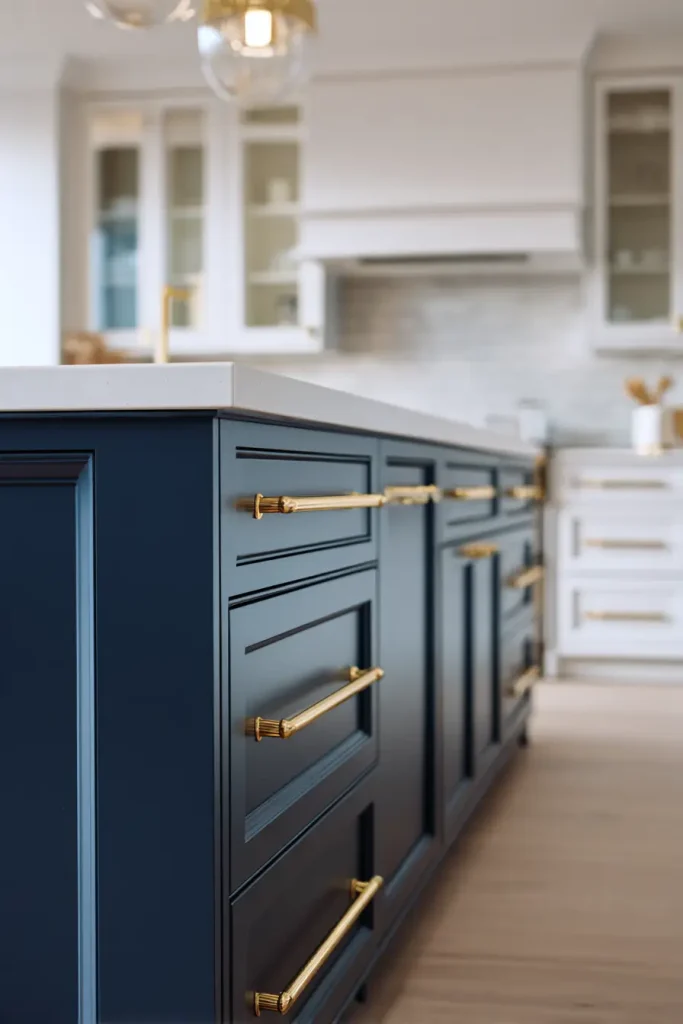 3. Put Gold Handles on a Dark Blue Island