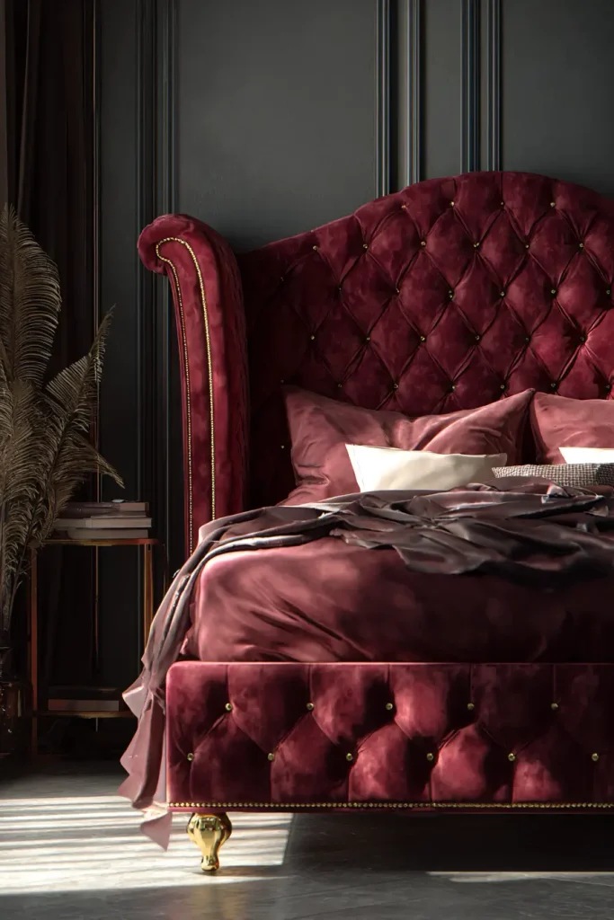 3. Start With a Burgundy Velvet Bed Frame