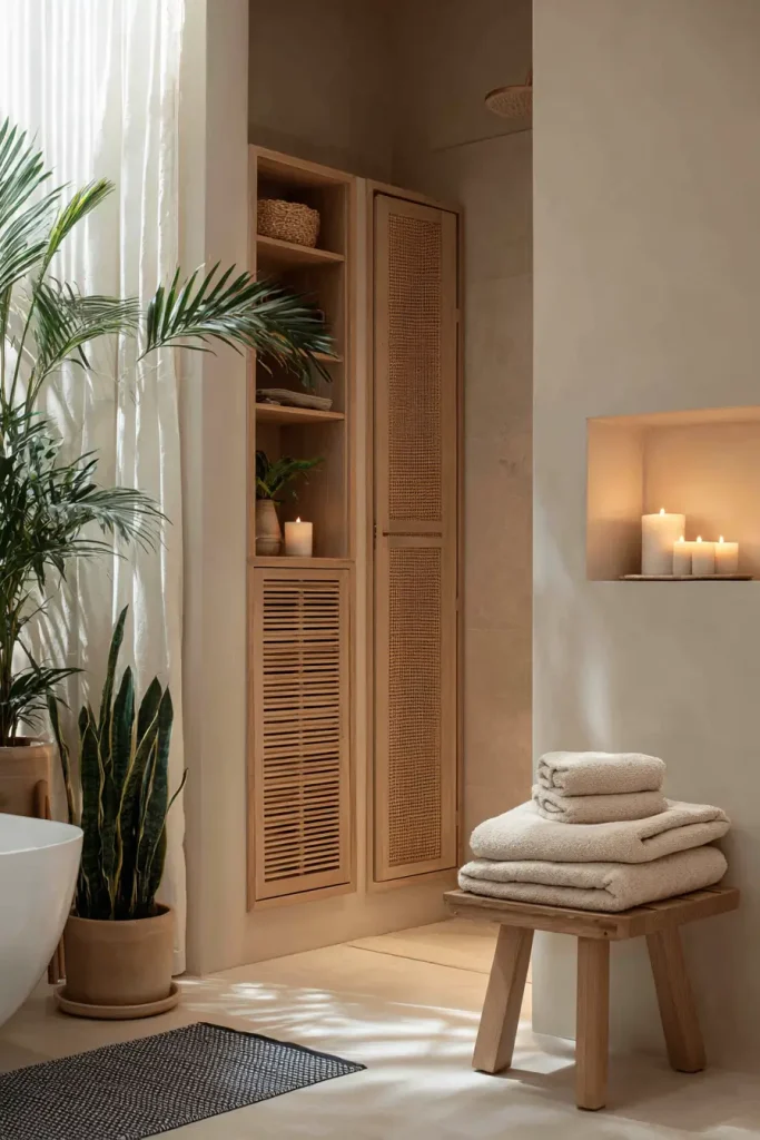 Install an over toilet cabinet with rattan or slatted wood doors.