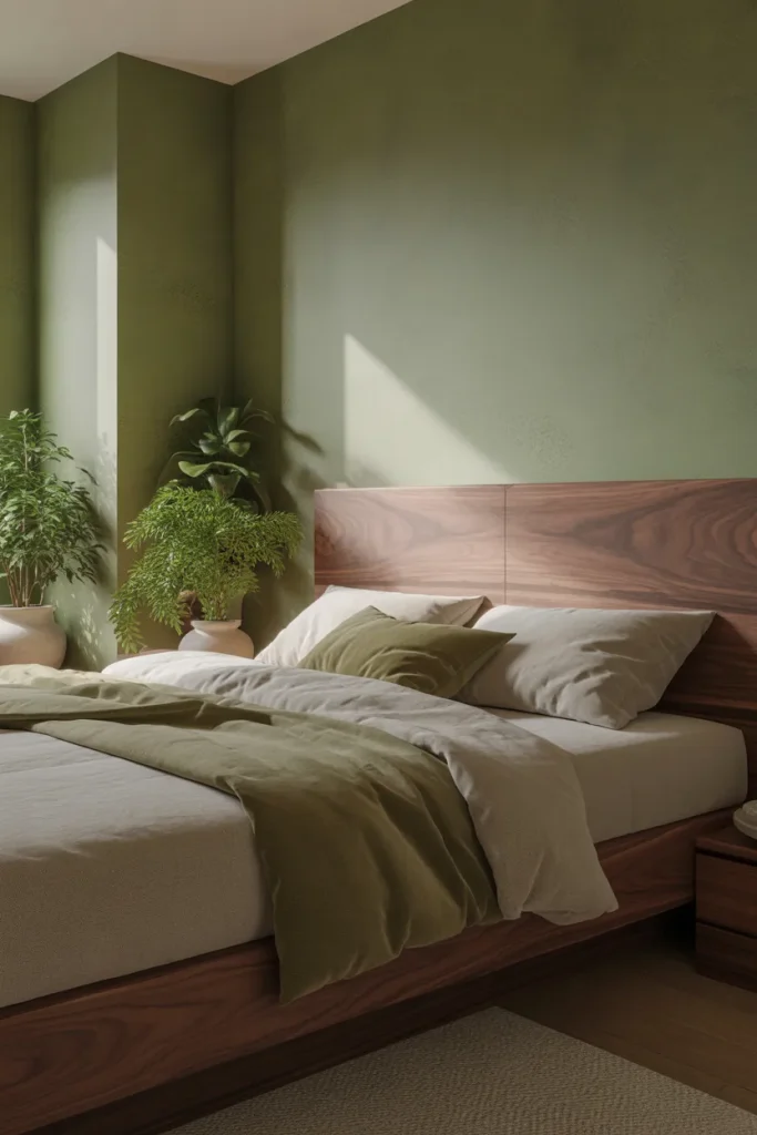 1. Moss Green Walls with a Walnut Bed Frame