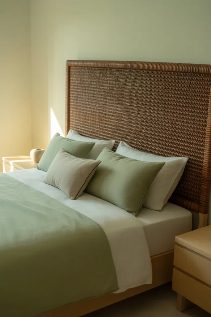 10. Brown Rattan Headboard + Eucalyptus Green Accents