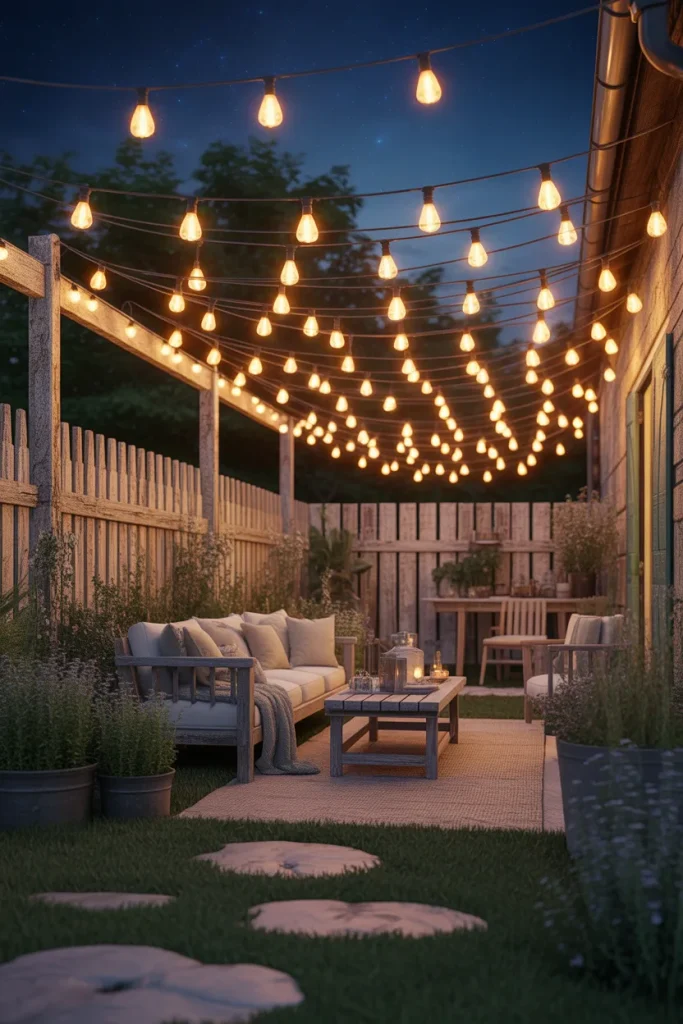 10. String Lights Crisscrossed Over the Back Patio