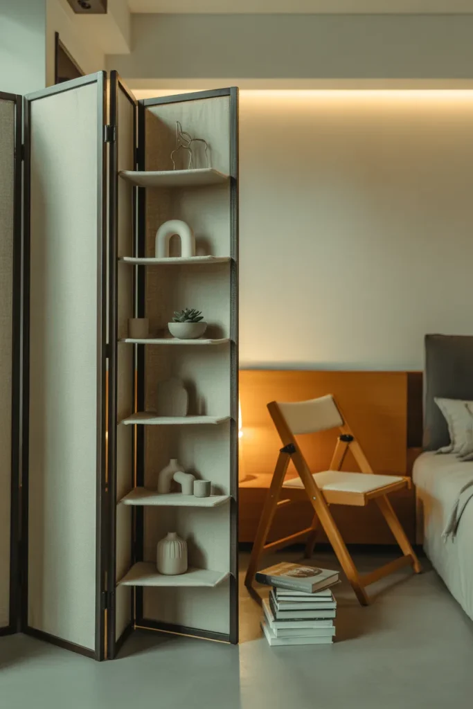 10. Use a Folding Screen with a Built in Shelf