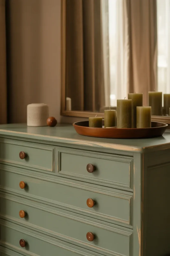 11. Green Painted Dresser with Brown Knobs