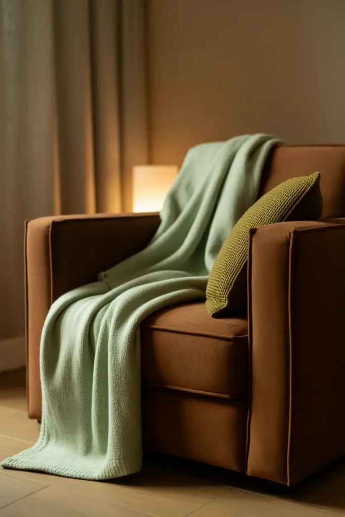 13. Green Throw Blanket over a Brown Armchair