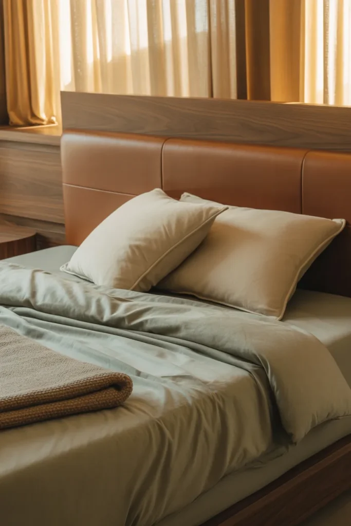 2. Brown Leather Headboard with Sage Green Bedding