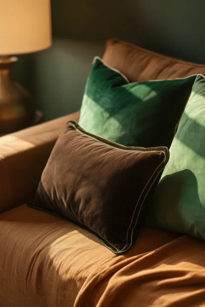 4. Green Velvet Pillows on a Brown Linen Couch