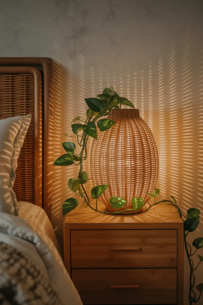 5. Brown Wicker Lamps with Green Vines