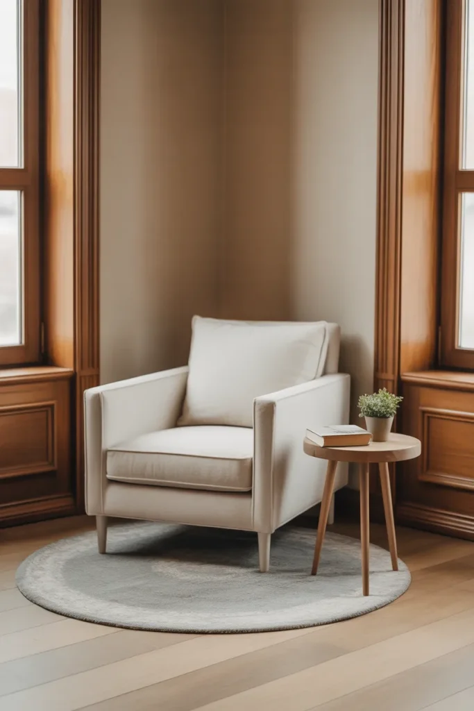 5. Place a Small Round Rug and One Armchair