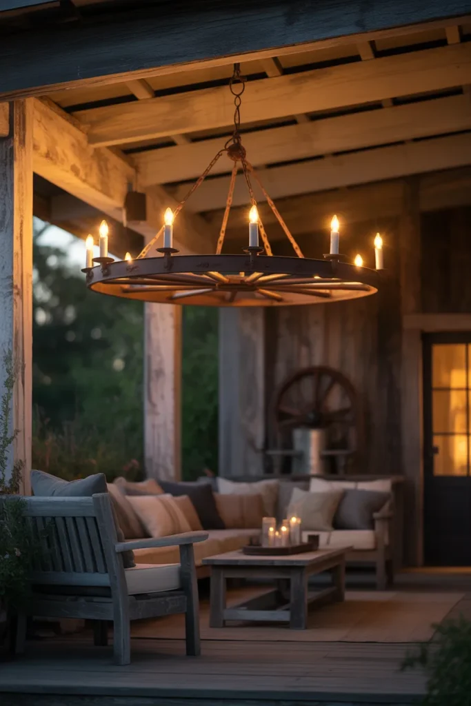 5. Wagon Wheel Chandelier on a Covered Patio