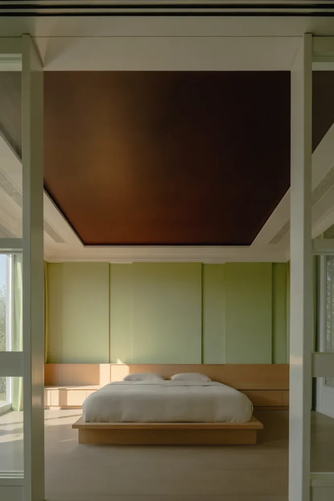 6. Dark Brown Ceiling + Light Green Walls