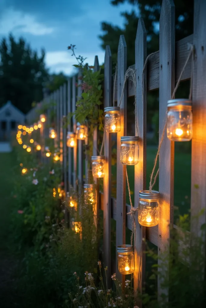 7. Mason Jar Lights on the Fence Line