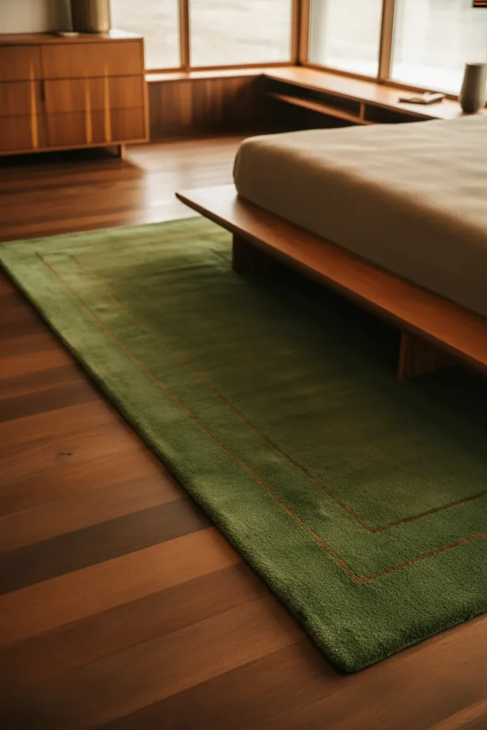9. Forest Green Rug on Brown Hardwood