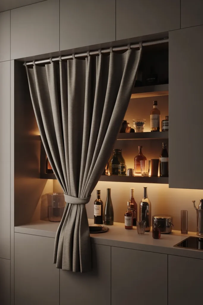 Idea 12 – Add a Tension Rod with Curtains to Hide Ugly Storage