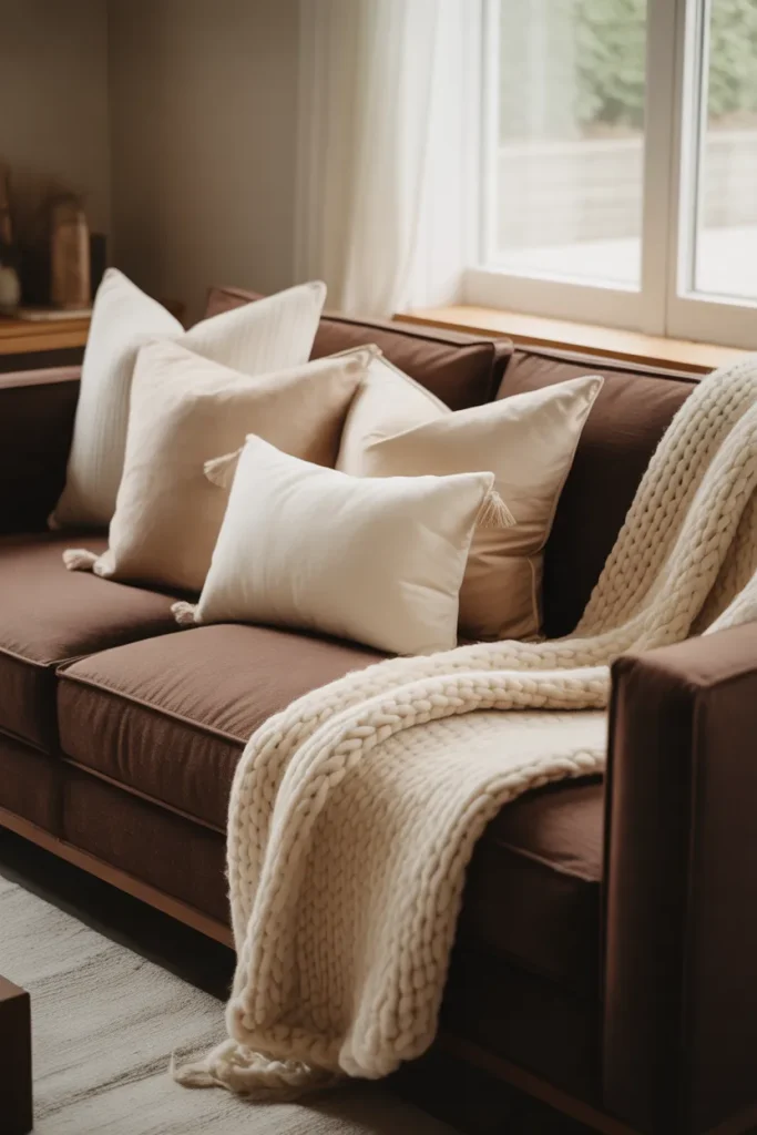 1. Cream pillows and a chunky knit throw
