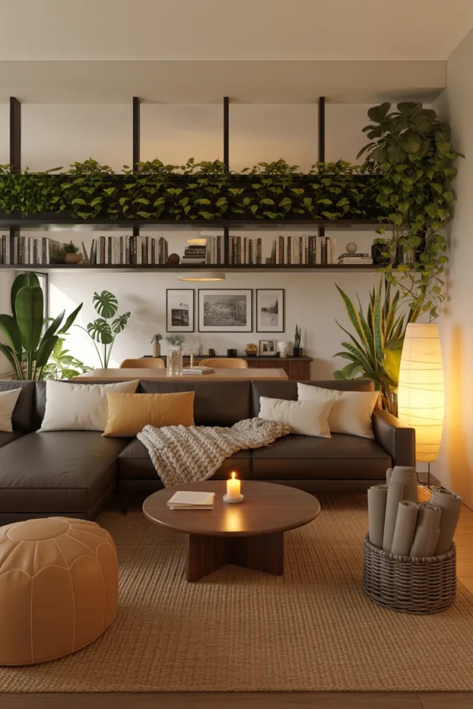 12. A low bookshelf behind the sofa
