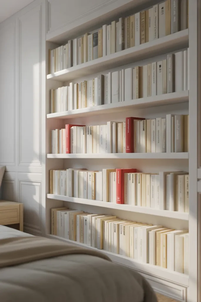 15. Red Books on White Shelves