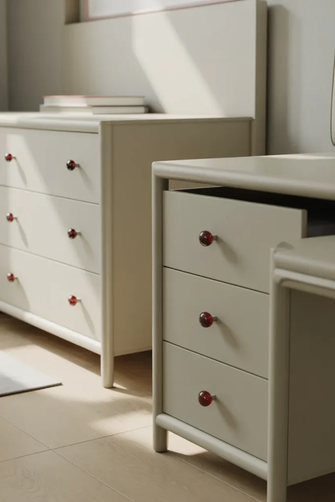 5. White Furniture with Red Knobs and Pulls
