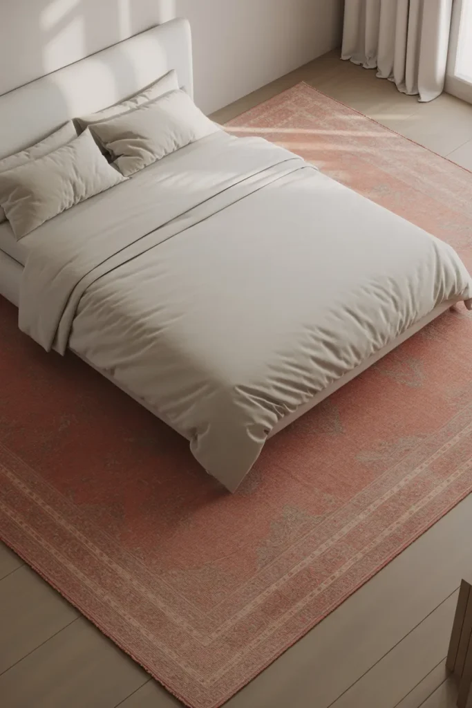 9. Red Rug Anchoring the Bed