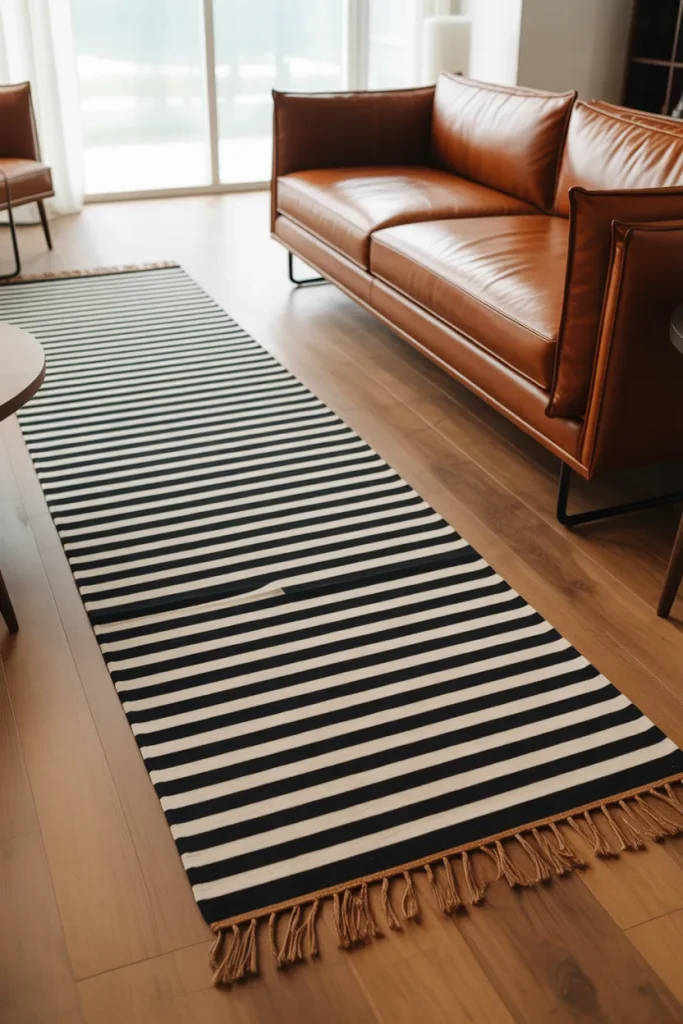 Idea 12 Black and White Striped Rug with Brown Fringe