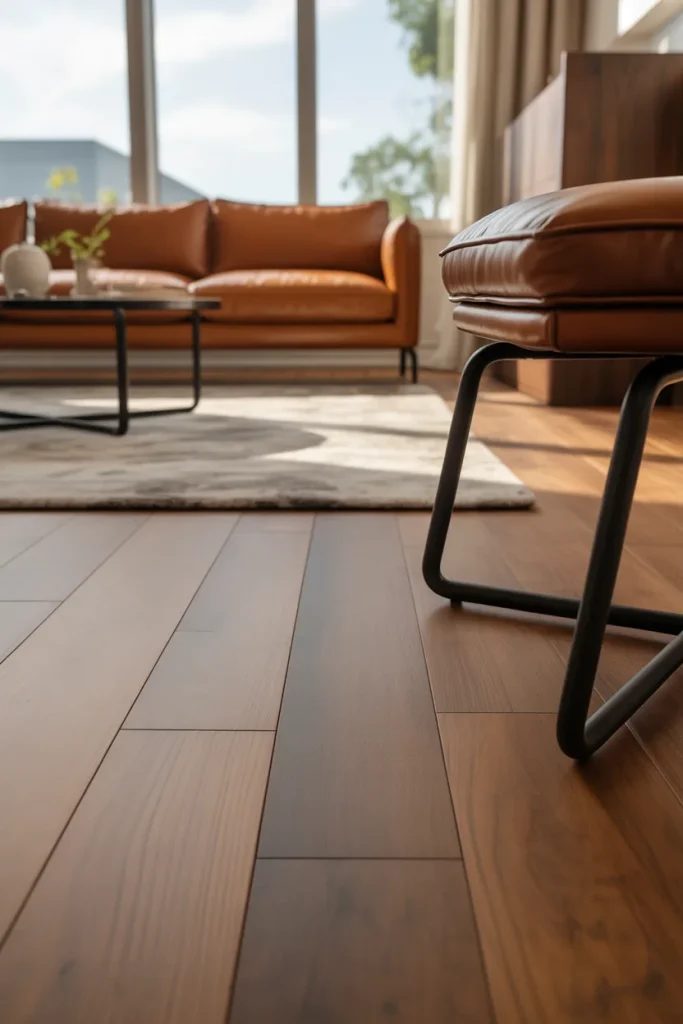 Idea 4 Brown Wood Floor, White Rug, Black Furniture Legs